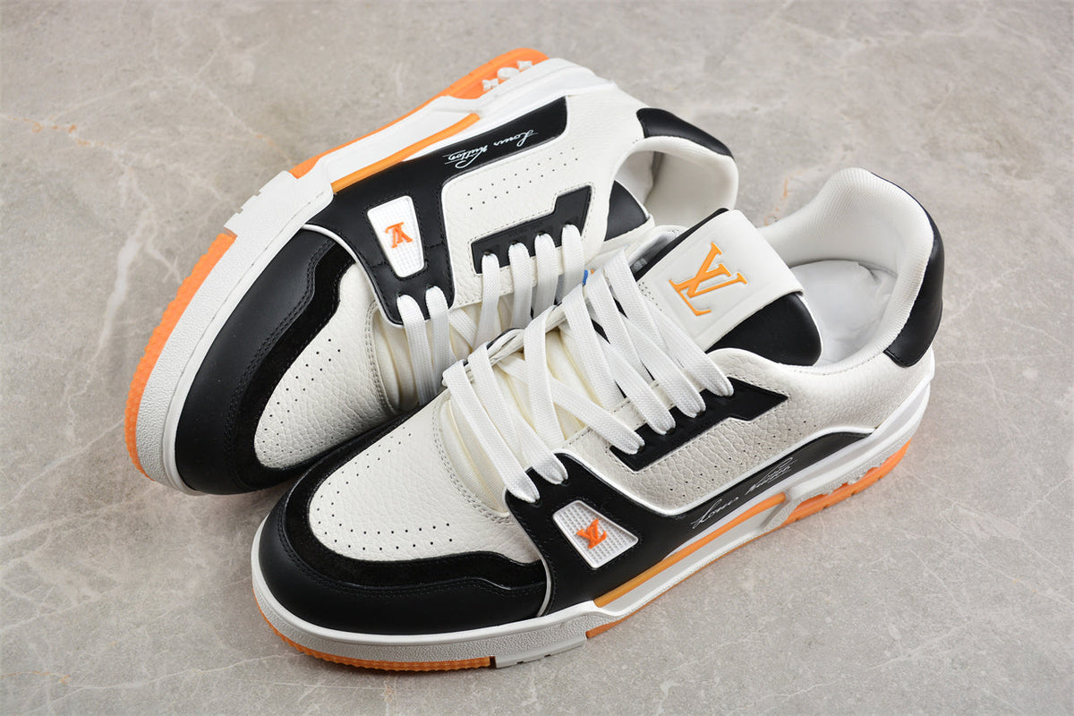 Louis Vuitton LV Trainer Sneaker Low, Black/White/Orange Italian Handmade Luxury)