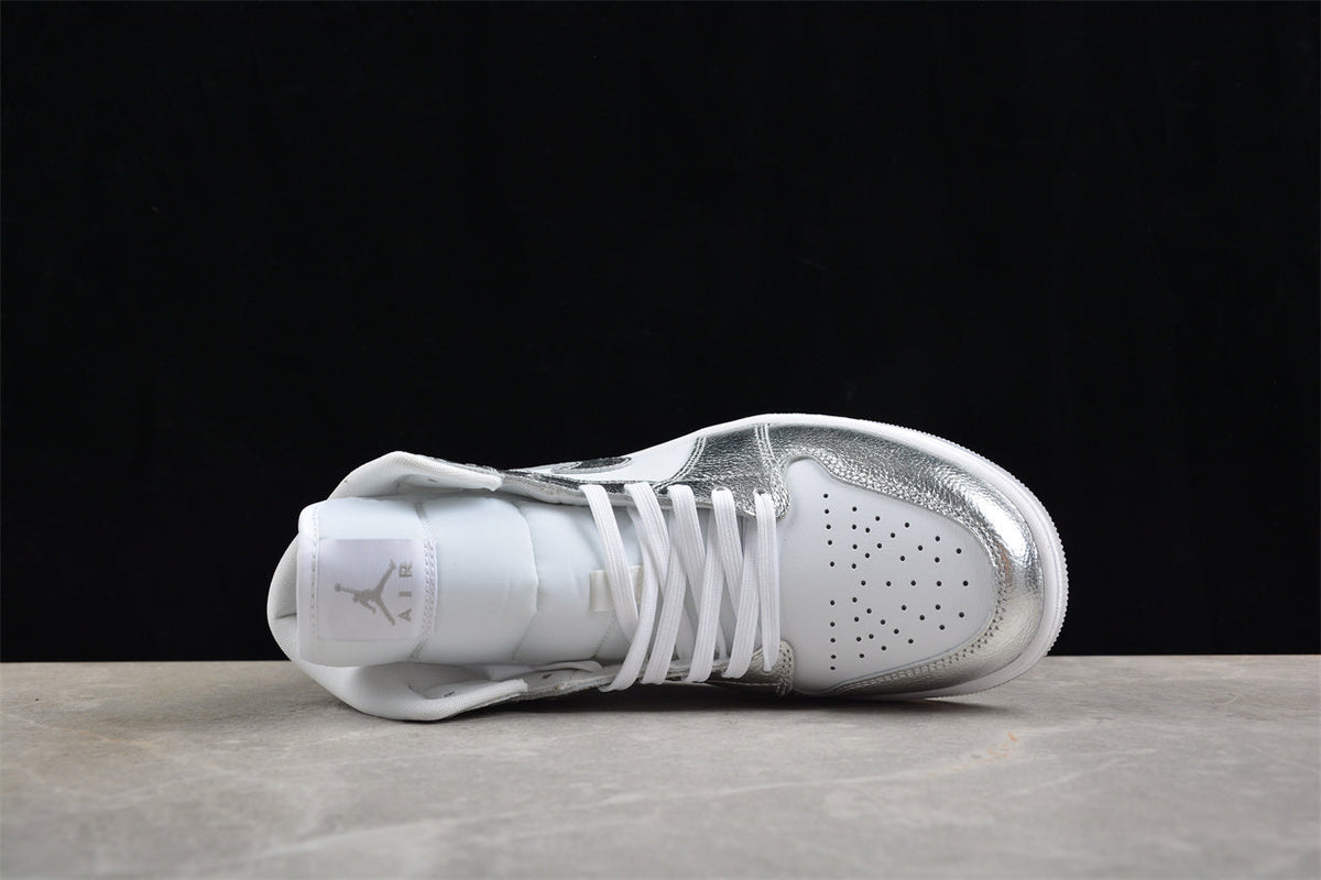 Air Jordan 1 Mid, White & Metallic Silver Edition