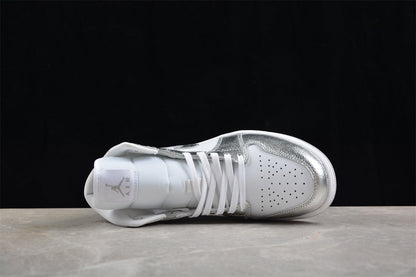 Air Jordan 1 Mid, White & Metallic Silver Edition