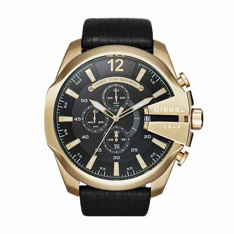 Diesel Mega Chief DZ4344 Men's Watch, Gold Tone and Black Leather