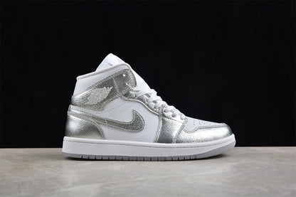 Air Jordan 1 Mid, White & Metallic Silver Edition