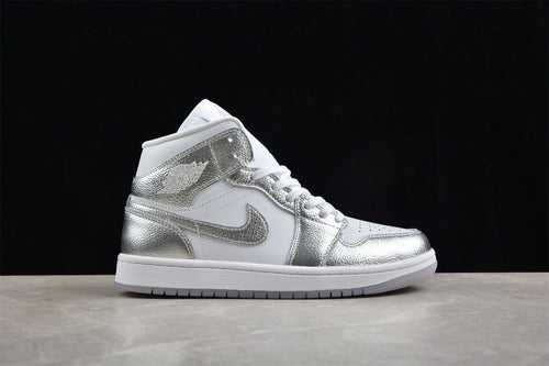 Air Jordan 1 Mid, White & Metallic Silver Edition