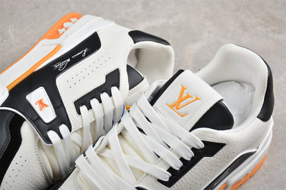 Louis Vuitton LV Trainer Sneaker Low, Black/White/Orange Italian Handmade Luxury)