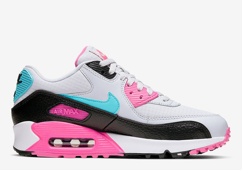 Nike Air Max 90 • Colorway: A striking mix of Hyper Pink, Light Blue (Turquoise), Black, and White