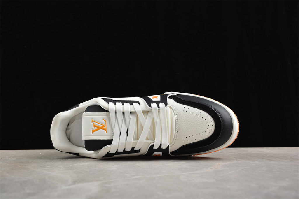 Louis Vuitton LV Trainer Sneaker Low, Black/White/Orange Italian Handmade Luxury)