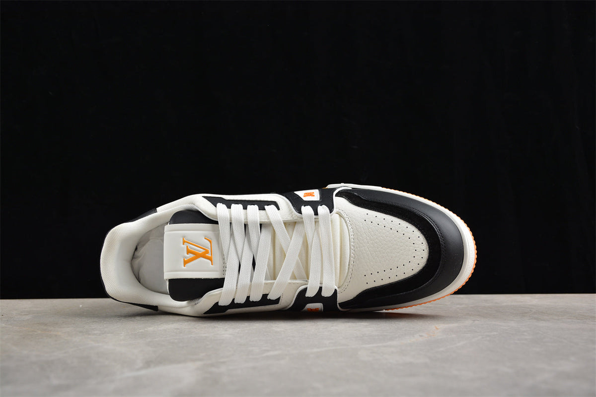 Louis Vuitton LV Trainer Sneaker Low, Black/White/Orange Italian Handmade Luxury)