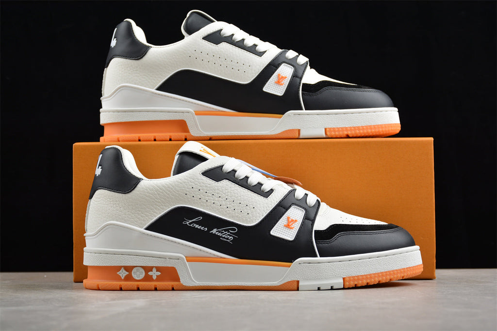 Louis Vuitton LV Trainer Sneaker Low, Black/White/Orange Italian Handmade Luxury)