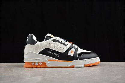 Louis Vuitton LV Trainer Sneaker Low, Black/White/Orange Italian Handmade Luxury)
