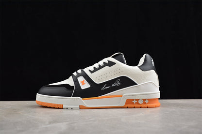 Louis Vuitton LV Trainer Sneaker Low, Black/White/Orange Italian Handmade Luxury)