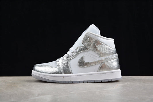 Air Jordan 1 Mid, White & Metallic Silver Edition