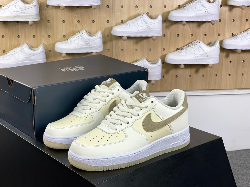 Cream and khaki low-top sneakers with white midsole
