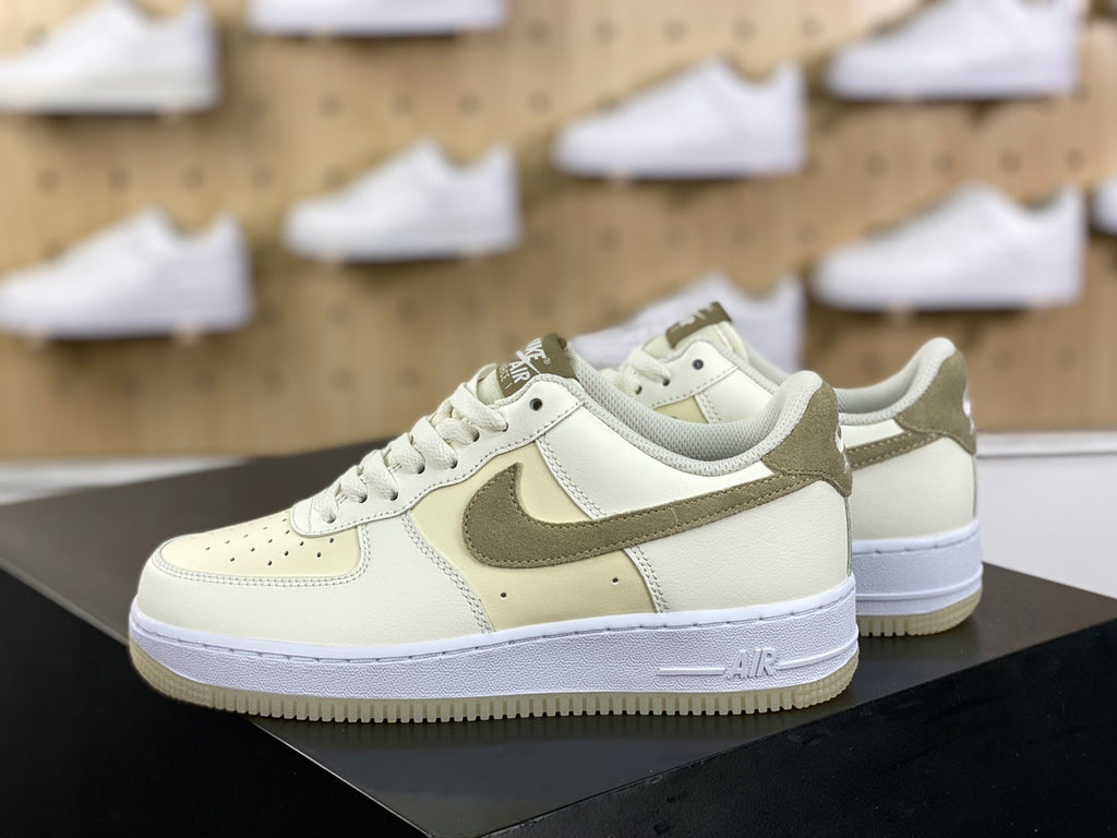 Cream and khaki low-top sneakers with white midsole